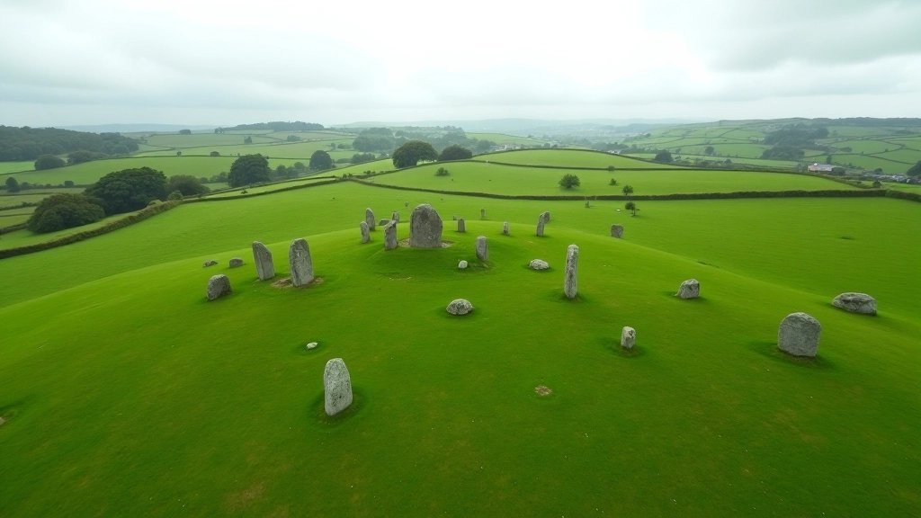 Aerial view of Carrowmore megalithic cemetery showing scattered standing stones and dolmens across green rolling landscape