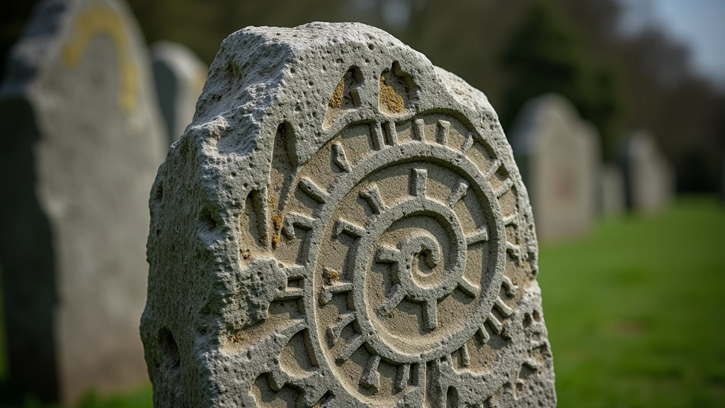 Close-up of ancient carved stone with geometric patterns and decorative marks, intricate Neolithic art visible on surface