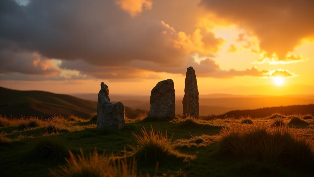 Ancient dolmen monument silhouetted against dramatic sunset sky