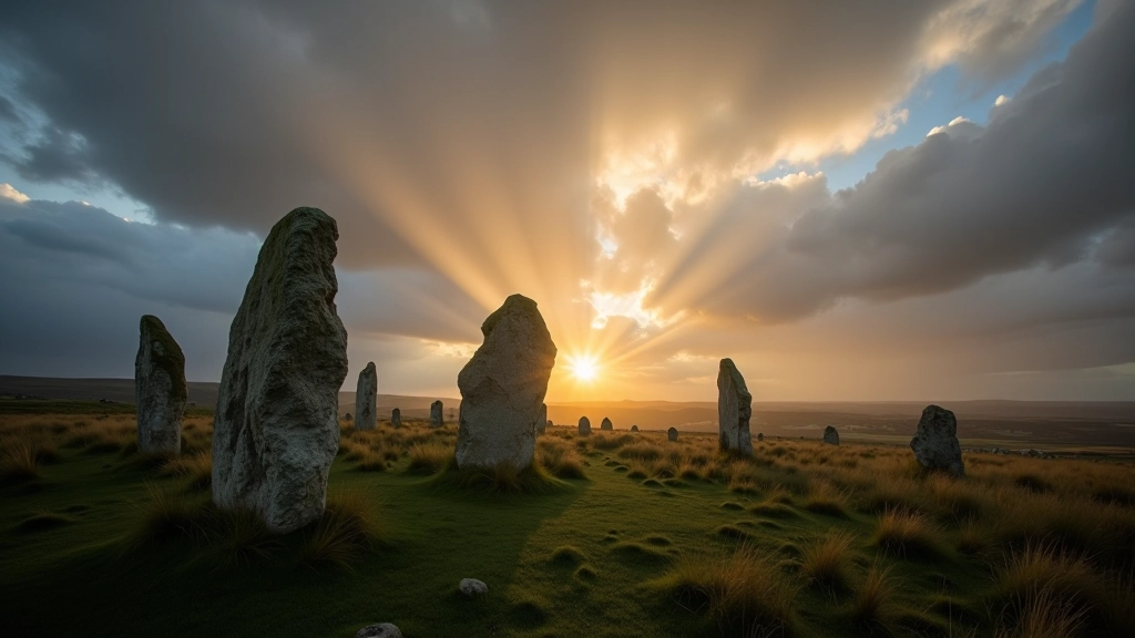 Weather-changing sky over ancient megalithic stone circle at golden hour with dramatic cloud formations