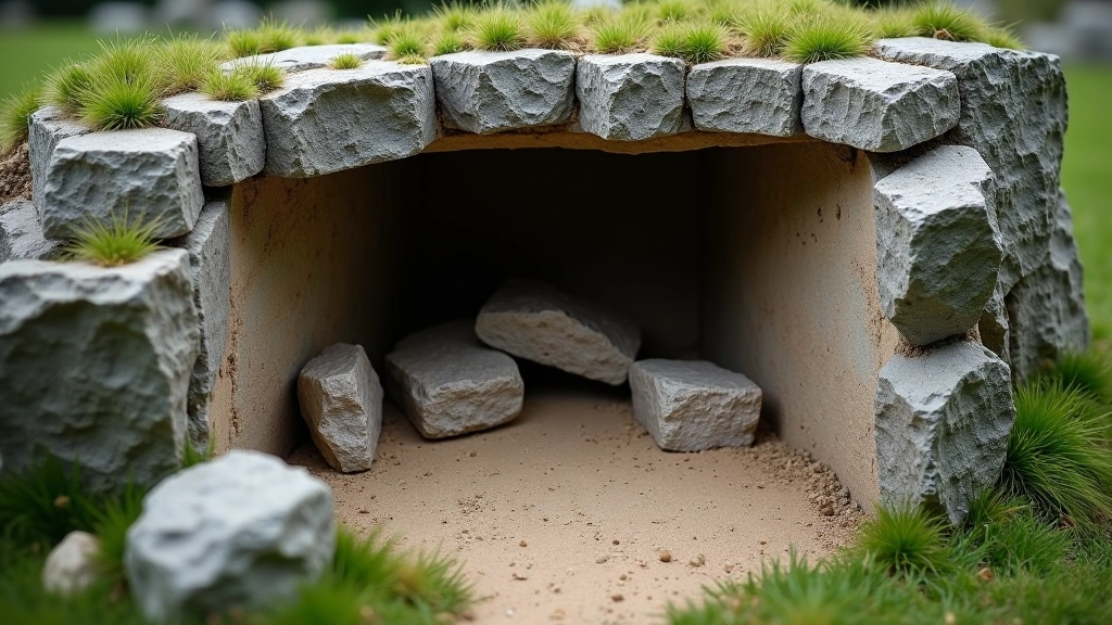 Ancient passage tomb cross-section diagram showing internal chamber structure and stone placement, architectural layout visible