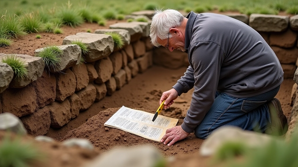 Archaeological excavation at ancient stone monument with tools and documentation, careful layer-by-layer digging process visible