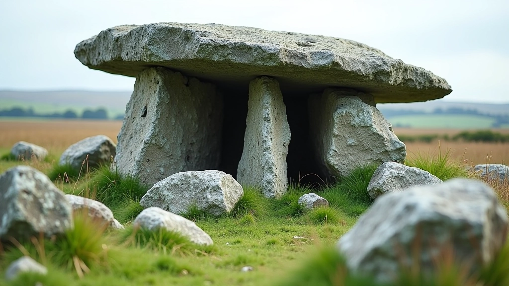 Close-up of ancient dolmen stone structure with weathered surface