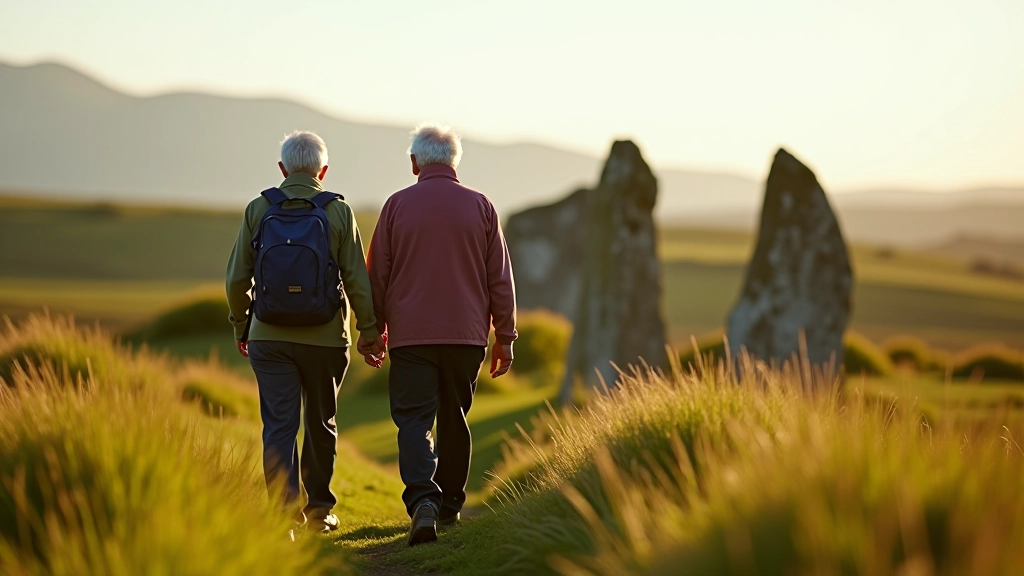 Elderly couple walking on a grassy path between ancient stone monuments in green countryside landscape