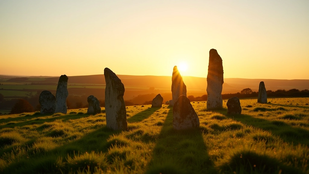 Sunset or golden hour light illuminating standing stones with long shadows across green grass, peaceful atmosphere