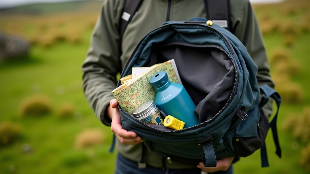 Backpack and daypack with water bottle, first aid kit, and lightweight jacket arranged on grass