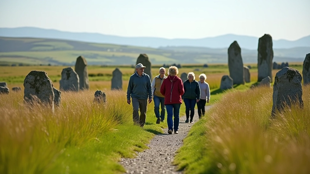 Small group of seniors on a comfortable walking path among ancient stones