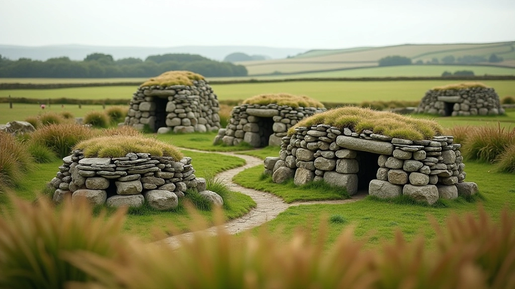 Neolithic farming community gathered around settlement with stone structures, pastoral landscape with early crops visible