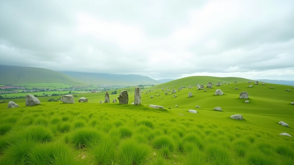 Panoramic view of rolling Sligo countryside with multiple ancient stone monuments visible across green landscape