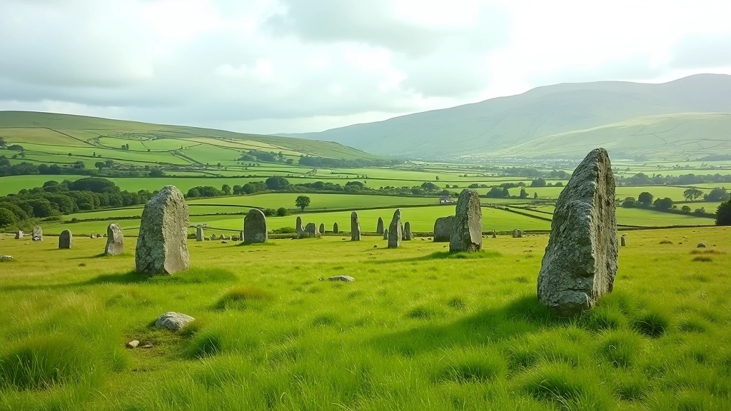 Panoramic landscape view of Carrowmore megalithic cemetery showing multiple ancient stone monuments across green valleys in County Sligo