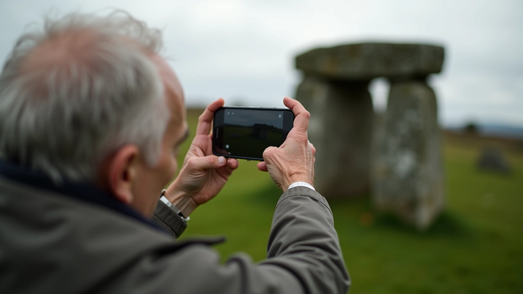 Photographer with smartphone taking picture of dolmen against cloudy Irish sky