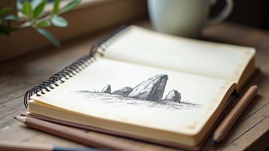 Sketchbook with pencil drawing of standing stone on weathered notebook pages