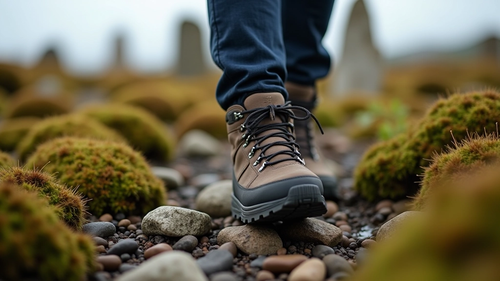 Close-up of sturdy waterproof hiking boot on rocky bogland terrain with moss and uneven ground
