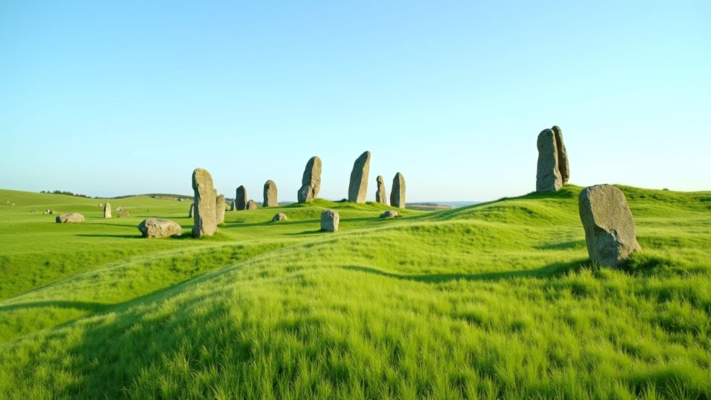 Scenic view of ancient standing stones among green hillside landscape with clear blue sky